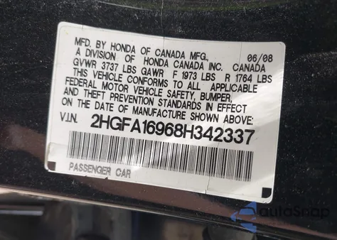 2008 Honda Civic Ex-L из США, поврежденный, VIN 2HGFA16968H342337